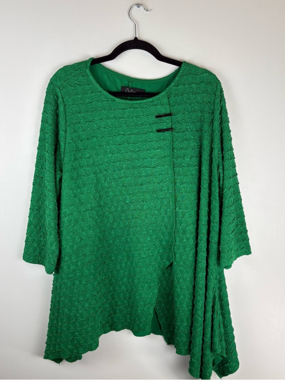 Caleaas Blouse Top Womens X Large 3/4 Sleeve Asymmetrical Hem Green Boho